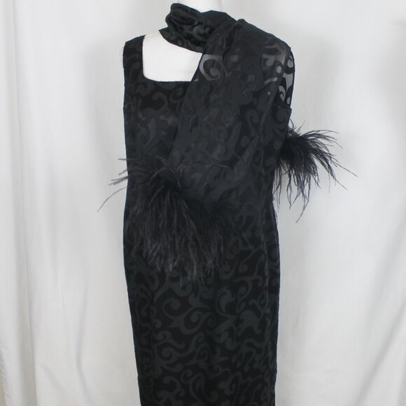 LORI WEIDNER Black Formal Dress Woman Size 14 Petite Maxi Length Sheath Boa Vtg. - Picture 3 of 12
